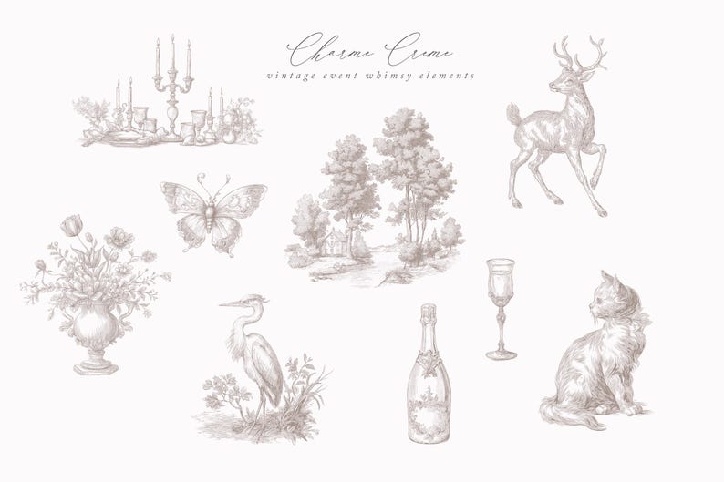 May include: Sepia-toned illustration of vintage event elements. Includes a deer, butterfly, trees, a cat, a champagne bottle, a heron, a vase of flowers, a candelabra, and a champagne glass. The text "Charme Creme" is at the top.