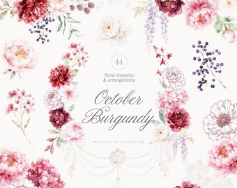 Watercolor Burgundy and Blush Collection - October Florals - Wedding Clipart - Autumn and Fall Flowers - Premade Arrangements