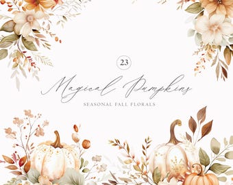 Puede incluir: Ilustración en acuarela con calabazas y arreglos florales en tonos naranja, crema y marrón. El texto "Magical Pumpkins" y "Seasonal Fall Florals" se muestra en una elegante escritura, ideal para diseños otoñales.