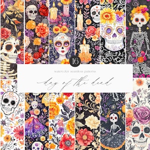 Aquarell Tag der Toten nahtlose Muster, nahtlose Muster, Dia de Muertos, Schädel, digitale sich wiederholende Muster, Scrapbook Pape, Muster