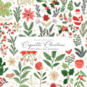 May include: Watercolor seamless pattern featuring a festive Christmas design. The pattern includes illustrations of poinsettias, holly, Santa Claus, and various botanical elements in red, green, and gold on a white background. The text "Coquette Christmas" is also present.