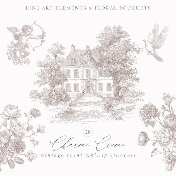 Baroque Beige Line Art - Wedding Clipart- Vintage Victorian Clipart - Beige Chinoiserie Clipart -Rococo Clipart-Vintage Clipart-Ink Line Art