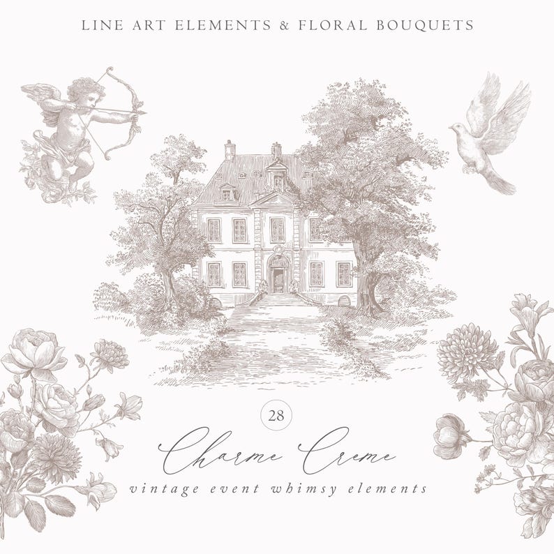 May include: A sepia-toned illustration featuring line art elements and floral bouquets. The image includes a stately house, an angel with a bow and arrow, a dove, and various floral arrangements. Text reads "Charme Creme" and "vintage event whimsy elements".