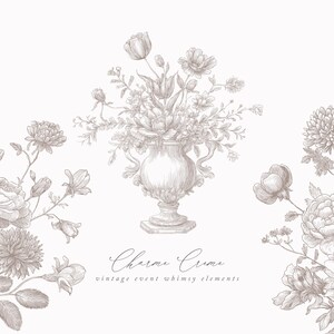 May include: A sepia-toned illustration featuring floral arrangements and a central vase. The image includes roses, chrysanthemums, and other flowers. The text "Charme Creme" and "vintage event whimsy elements" are also present.