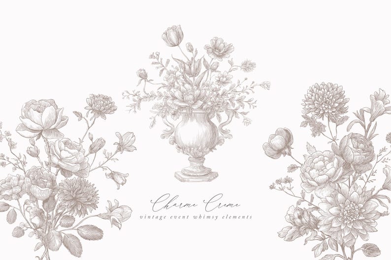 May include: A sepia-toned illustration featuring floral arrangements and a central vase. The image includes roses, chrysanthemums, and other flowers. The text "Charme Creme" and "vintage event whimsy elements" are also present.