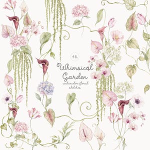 May include: A collection of watercolor floral sketches featuring pink and purple orchids, calla lilies, hydrangeas, and hanging green vines arranged around a central frame with the text 42 Whimsical Garden watercolor floral sketches.