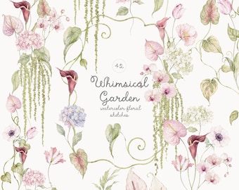 Watercolor Whimsical Garden Collection - Quirky Flowers - Floral Arrangements - Frames - Whimsical Garden - Digital Download