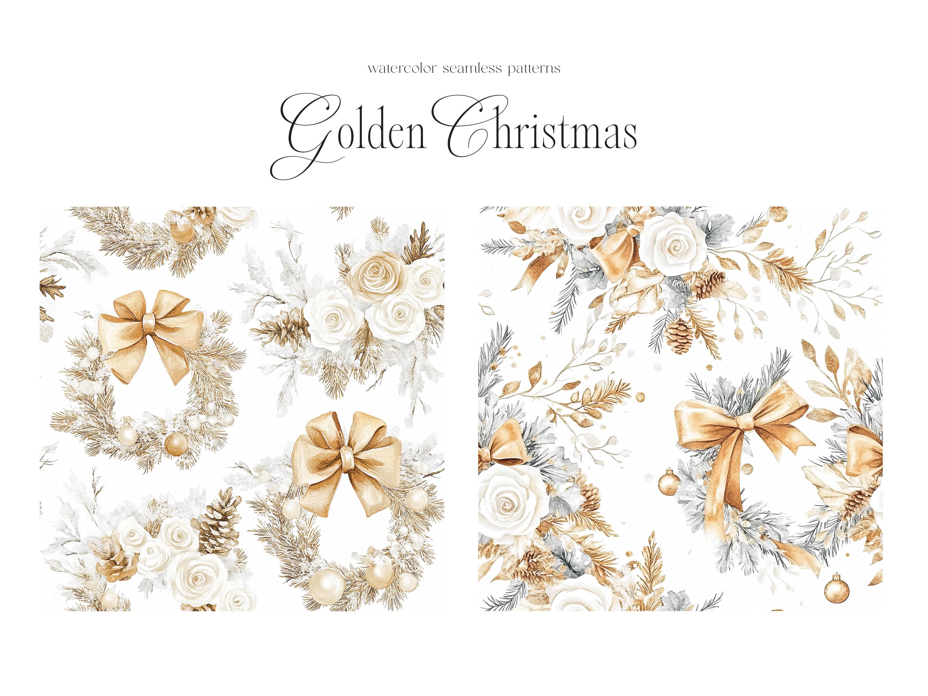 Watercolor Gold Christmas Seamless Patterns, Golden Christmas Patterns ...