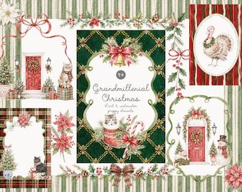 Watercolor Grandmillennial Christmas Collection - Granny Chic - Premade Cards -Grandmillennial - Backgrounds - Festive Clipart - Winter PNG