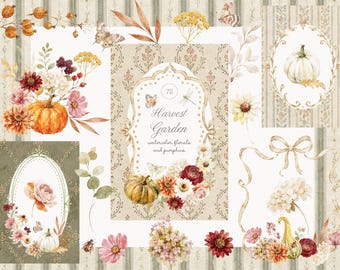 Watercolor Harvest Garden Collection - Autumn Flowers - Pumpkin Graphics - Countryside Florals - Grandmillennial - Backgrounds -Fall Clipart