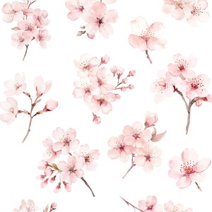 Op de afbeelding: Waterverfillustraties van roze kersenbloesems met gele centra en bruine stelen. De tekst "CHERRY BLOSSOMS watercolor diy elements" staat bovenaan.