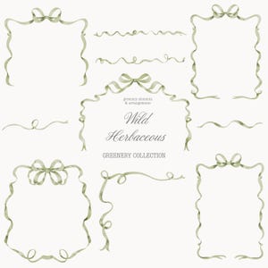 Puede incluir: Elementos y arreglos de vegetaci&oacute;n en acuarela en tonos verdes. La imagen presenta marcos, cintas y lazos, con el texto "Wild Herbaceous" y "Greenery Collection". Ideal para invitaciones y proyectos de dise&ntilde;o.