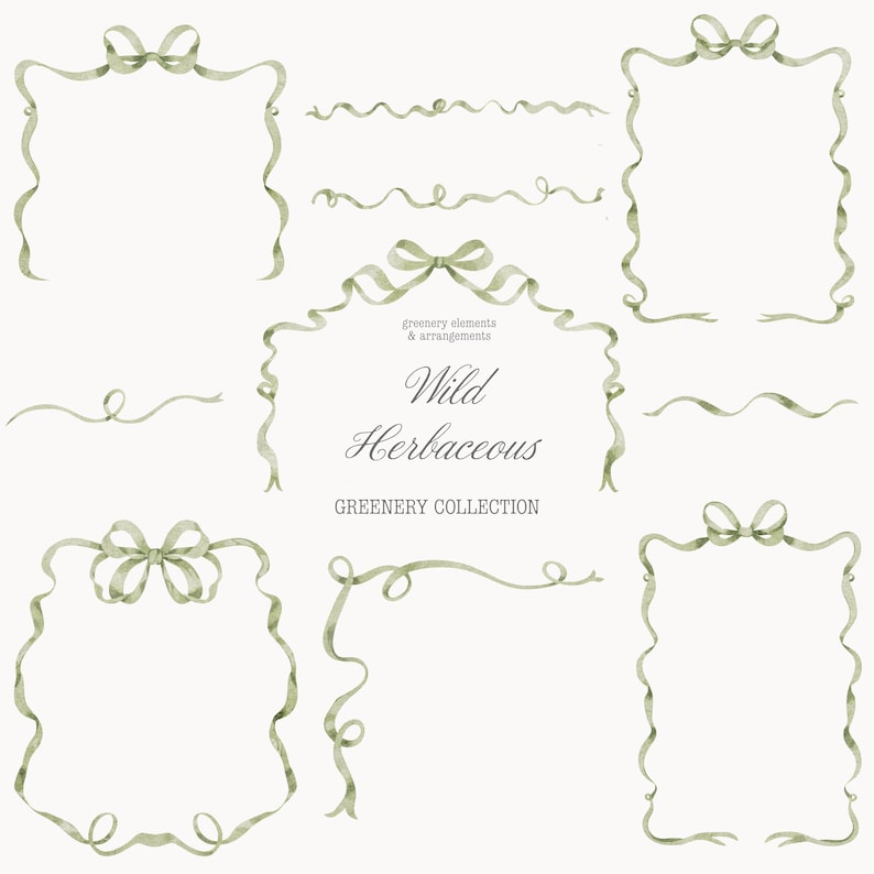 Puede incluir: Elementos y arreglos de vegetaci&oacute;n en acuarela en tonos verdes. La imagen presenta marcos, cintas y lazos, con el texto "Wild Herbaceous" y "Greenery Collection". Ideal para invitaciones y proyectos de dise&ntilde;o.