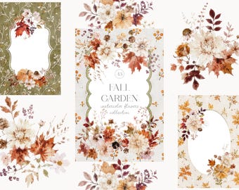 Watercolor Fall Garden Collection - Backgrounds - Autumn Flowers Clipart - Pumpkins - Frames and Arrangement Florals