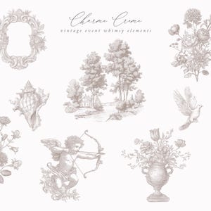 May include: Sepia-toned illustration of vintage event elements. Includes a decorative frame, bow, seashell, landscape scene, floral arrangements, a dove, a dog, and a cherub with a bow and arrow. The text "Charme Crime" is at the top.