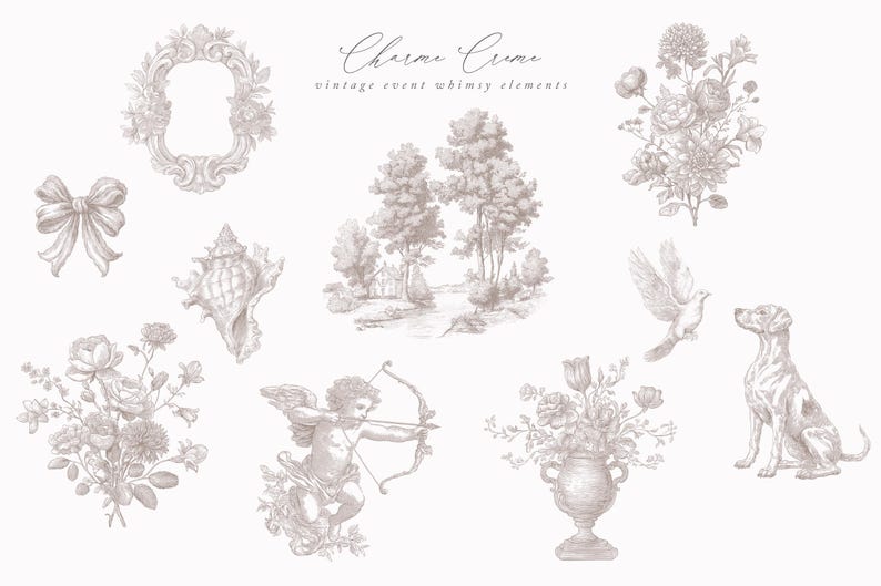 May include: Sepia-toned illustration of vintage event elements. Includes a decorative frame, bow, seashell, landscape scene, floral arrangements, a dove, a dog, and a cherub with a bow and arrow. The text "Charme Crime" is at the top.