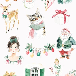 May include: Watercolor illustrations of Christmas-themed elements. Includes a gingerbread man, Santa Claus, a deer, a cat, a woman, a gift box, candy canes, Christmas lights, a window with shutters, and a woman holding a candy cane.