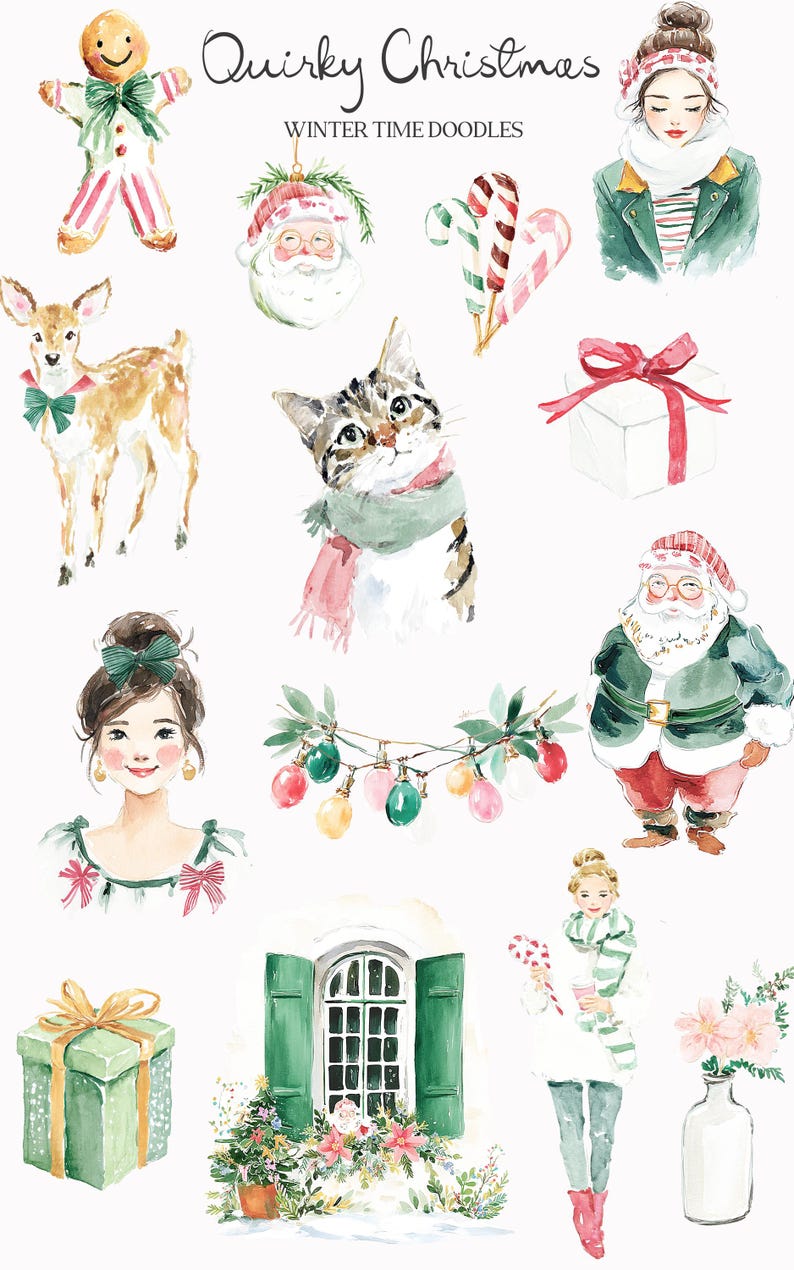May include: Watercolor illustrations of Christmas-themed elements. Includes a gingerbread man, Santa Claus, a deer, a cat, a woman, a gift box, candy canes, Christmas lights, a window with shutters, and a woman holding a candy cane.