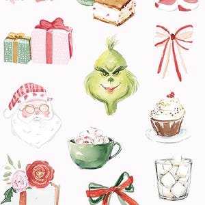 May include: Watercolor illustrations of Christmas-themed items. Includes Santa Claus, The Grinch, gifts, bows, a cupcake, a cup of hot chocolate with marshmallows, a glass of marshmallows, a candy cane, and desserts. Text reads "Quirky Christmas Winter Time Doodles."