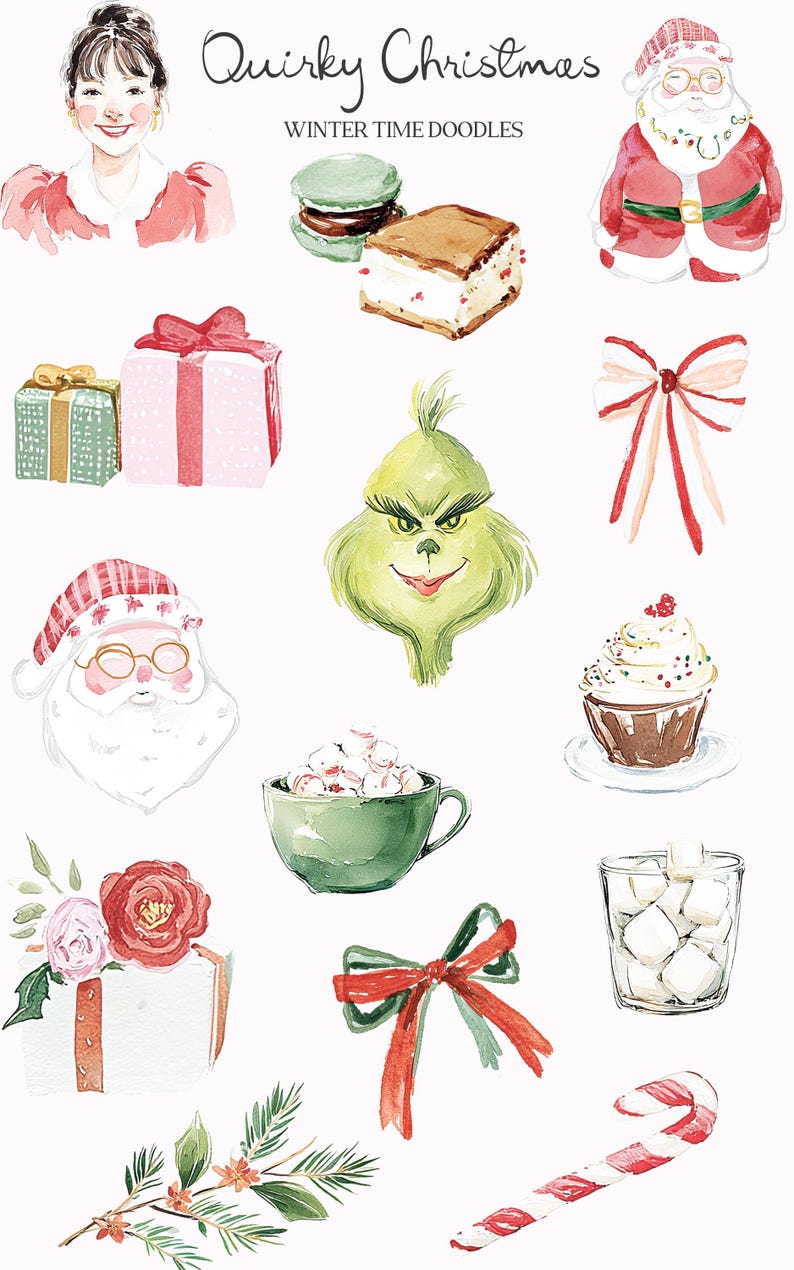 May include: Watercolor illustrations of Christmas-themed items. Includes Santa Claus, The Grinch, gifts, bows, a cupcake, a cup of hot chocolate with marshmallows, a glass of marshmallows, a candy cane, and desserts. Text reads "Quirky Christmas Winter Time Doodles."