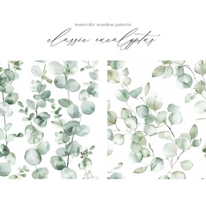 K&ouml;nnte beinhalten: Zwei nahtlose Aquarellmuster mit Eukalyptusbl&auml;ttern in Gr&uuml;nt&ouml;nen auf wei&szlig;em Hintergrund. Der Text "classic eucalyptus" ist in schwarzer Kursivschrift &uuml;ber den Mustern geschrieben.