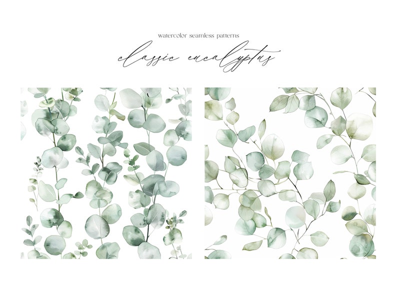 K&ouml;nnte beinhalten: Zwei nahtlose Aquarellmuster mit Eukalyptusbl&auml;ttern in Gr&uuml;nt&ouml;nen auf wei&szlig;em Hintergrund. Der Text "classic eucalyptus" ist in schwarzer Kursivschrift &uuml;ber den Mustern geschrieben.