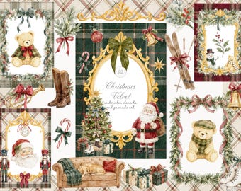 Watercolor Christmas Velvet Collection - Teddy Bear Festive - Nursery Clipart - Premade Cards - Backgrounds - Winter Holidays