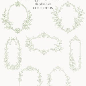 May include: A collection of vintage garden floral line art designs in PNG and SVG formats. The designs include various ornate frames with floral and rose accents, perfect for decorations and elements. The text "Vintage Garden" is displayed.