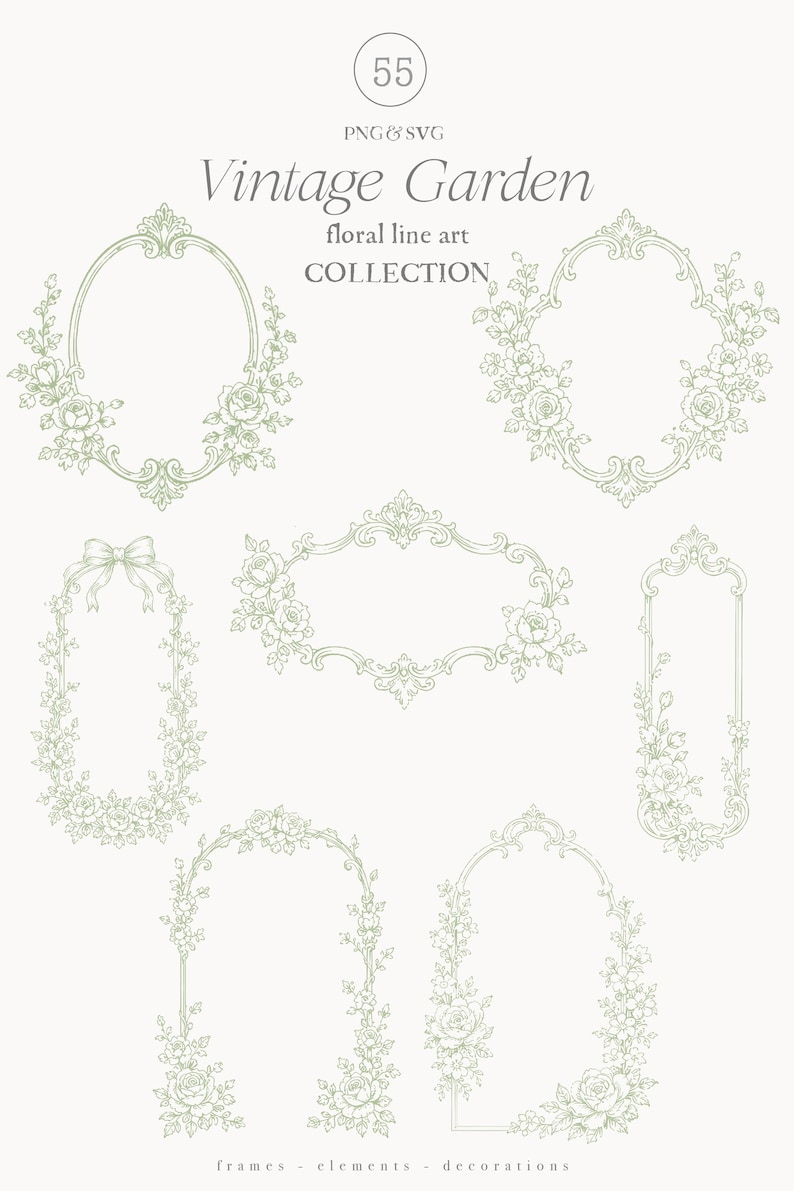 May include: A collection of vintage garden floral line art designs in PNG and SVG formats. The designs include various ornate frames with floral and rose accents, perfect for decorations and elements. The text "Vintage Garden" is displayed.