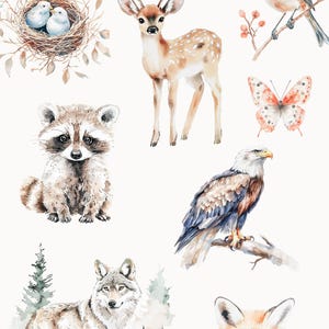 May include: Watercolor illustrations of forest animals, including a deer, raccoon, wolf, fox, eagle, and birds. The illustrations are in a whimsical style with soft colors and details.