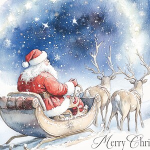 May include: Santa Claus, wearing a red suit and white beard, is riding in a wooden sleigh pulled by two reindeer. The sleigh has a brown leather seat and a white snowflake design. The sky is blue with white snowflakes and stars. The text "Merry Christmas!" is written in cursive at the bottom of the image.