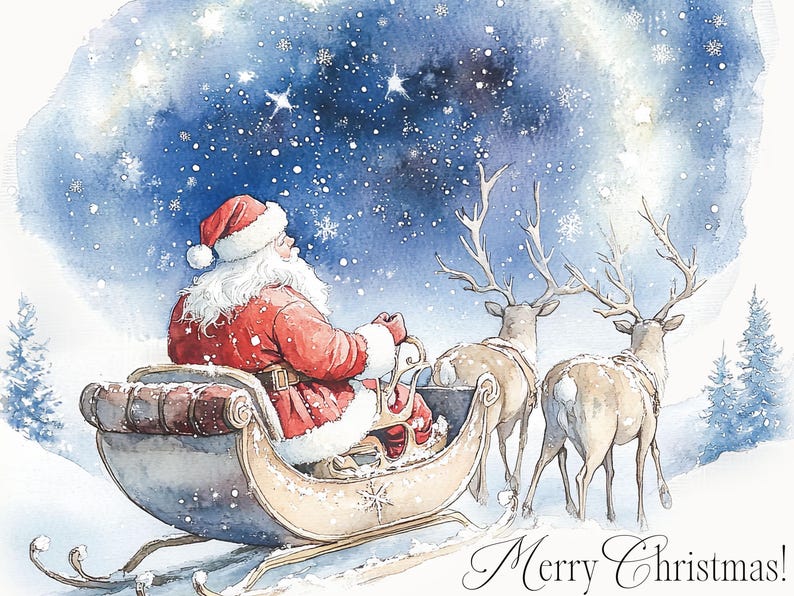 May include: Santa Claus, wearing a red suit and white beard, is riding in a wooden sleigh pulled by two reindeer. The sleigh has a brown leather seat and a white snowflake design. The sky is blue with white snowflakes and stars. The text "Merry Christmas!" is written in cursive at the bottom of the image.