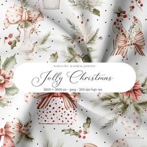 May include: Watercolor seamless pattern featuring Christmas elements. The design includes gifts with red bows, floral arrangements, and holly. The text "Jolly Christmas" is displayed on a white background with black polka dots. The image is 3600 x 3600 pixels.