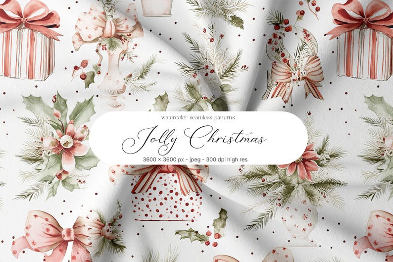 May include: Watercolor seamless pattern featuring Christmas elements. The design includes gifts with red bows, floral arrangements, and holly. The text "Jolly Christmas" is displayed on a white background with black polka dots. The image is 3600 x 3600 pixels.