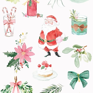 May include: Watercolor illustrations of Christmas-themed items, including Santa Claus, a Grinch-like character, bows, a wreath, a high-heeled shoe, and a cake. The text "Quirky Christmas" and "Winter Time Doodles" are also present.