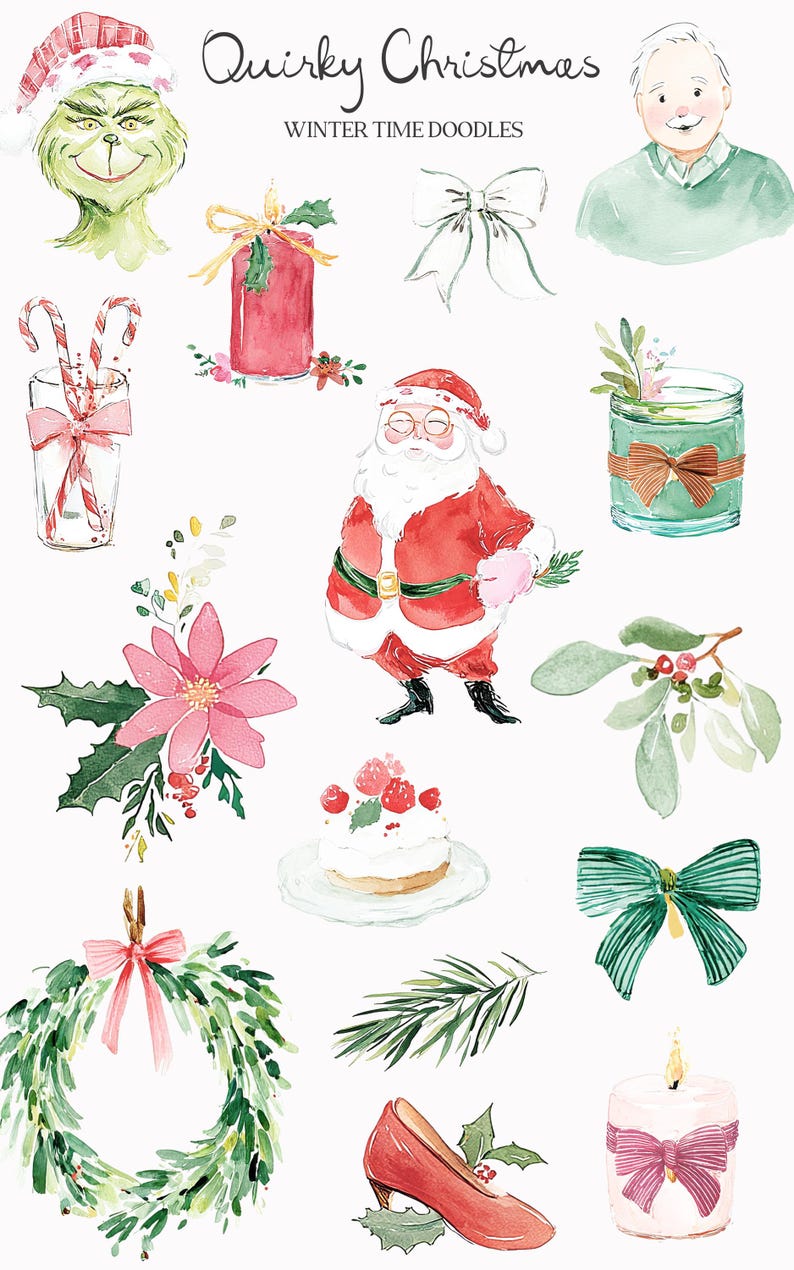 May include: Watercolor illustrations of Christmas-themed items, including Santa Claus, a Grinch-like character, bows, a wreath, a high-heeled shoe, and a cake. The text "Quirky Christmas" and "Winter Time Doodles" are also present.
