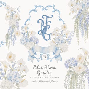 Può includere: Un set di illustrazioni ad acquerello con composizioni floreali blu e bianche di ortensie, orchidee e calle. Uno stemma blu centrale ornato incornicia le lettere BFG sopra un nastro con il numero 71 e il testo Blue Flora Garden.