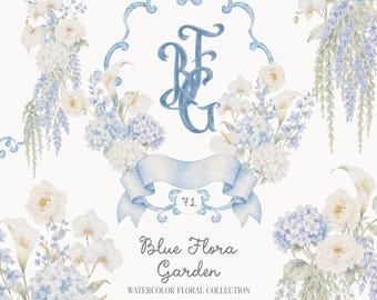 Watercolor Blue Flora Garden Collection - White Hydrangea  - Frames - Alphabet - Watercolor Florals PNG - Crests - Victorian Wedding