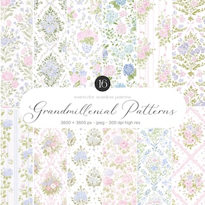 May include: A collection of 16 watercolor seamless patterns with floral designs in shades of pink, blue, and green. The patterns include roses, hydrangeas, and other flowers. The text reads "Grandmillenial Patterns" and "3600 x 3600 px - jpeg - 300 dpi high res."