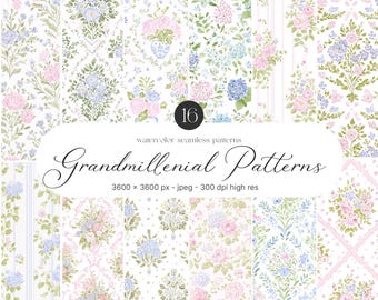 Grandmillennial Watercolor Seamless Patterns, Grandmillennial Patterns, Seamless Patterns,Digital Paper,Scrapbook Paper,Granny Chic Patterns