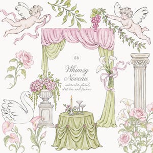 Puede incluir: Una colección de ilustraciones en acuarela que presenta dos querubines, un arco drapeado, un cisne, un pedestal de piedra con flores, una mesa con una vela y copas, una columna clásica y varias rosas y calas con el texto Whimsy Nouveau.