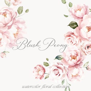 May include: Watercolor illustration of blush pink peonies and roses with green leaves. The text "Blush Peony watercolor floral collection" is at the bottom of the image.