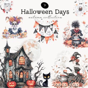 Halloween aquarel clipart - Halloween clipart - heks clipart - griezelige pompoenen - herfst clipart - onbeperkte verkooplicentie - herfst clipart
