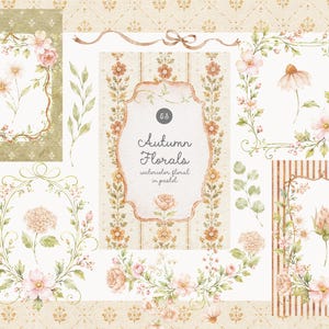 Könnte beinhalten: Eine Sammlung von Aquarell-Blumenillustrationen mit Pastellblumen, Blättern und dekorativen Rahmen. Das zentrale rechteckige Feld zeigt den Text Autumn Florals watercolor floral in pastel. Verschiedene botanische Arrangements sind enthalten.