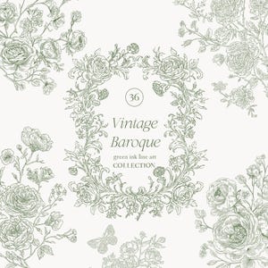 Può includere: Una collezione di illustrazioni di arte lineare a inchiostro verde barocco vintage. Il design presenta elementi floreali, tra cui rose e altri fiori, disposti in uno stile decorativo. Il testo "Vintage Baroque" è visualizzato al centro, con il numero "36" sopra.