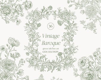 Può includere: Una collezione di illustrazioni di arte lineare a inchiostro verde barocco vintage. Il design presenta elementi floreali, tra cui rose e altri fiori, disposti in uno stile decorativo. Il testo "Vintage Baroque" è visualizzato al centro, con il numero "36" sopra.