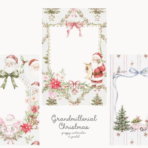 May include: Three rectangular cards featuring watercolor Christmas illustrations. Designs include Santa Claus, poinsettias, roses, pine trees, a house, and a car. Decorative frames are accented with bows. Text reads Grandmillenial Christmas.
