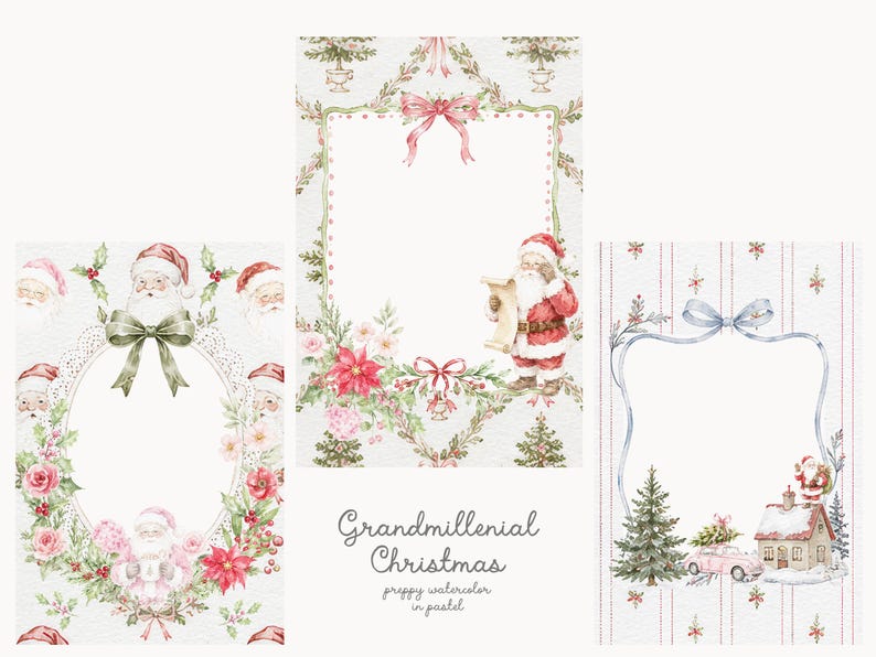 May include: Three rectangular cards featuring watercolor Christmas illustrations. Designs include Santa Claus, poinsettias, roses, pine trees, a house, and a car. Decorative frames are accented with bows. Text reads Grandmillenial Christmas.