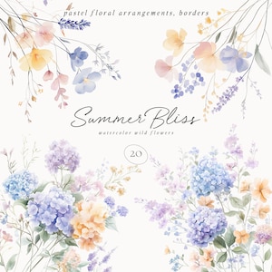 Clipart floral de acuarela - Bordes de flores silvestres - Clipart floral silvestre - Clipart de acuarela - Bordes prefabricados - Clipart de boda - Flores