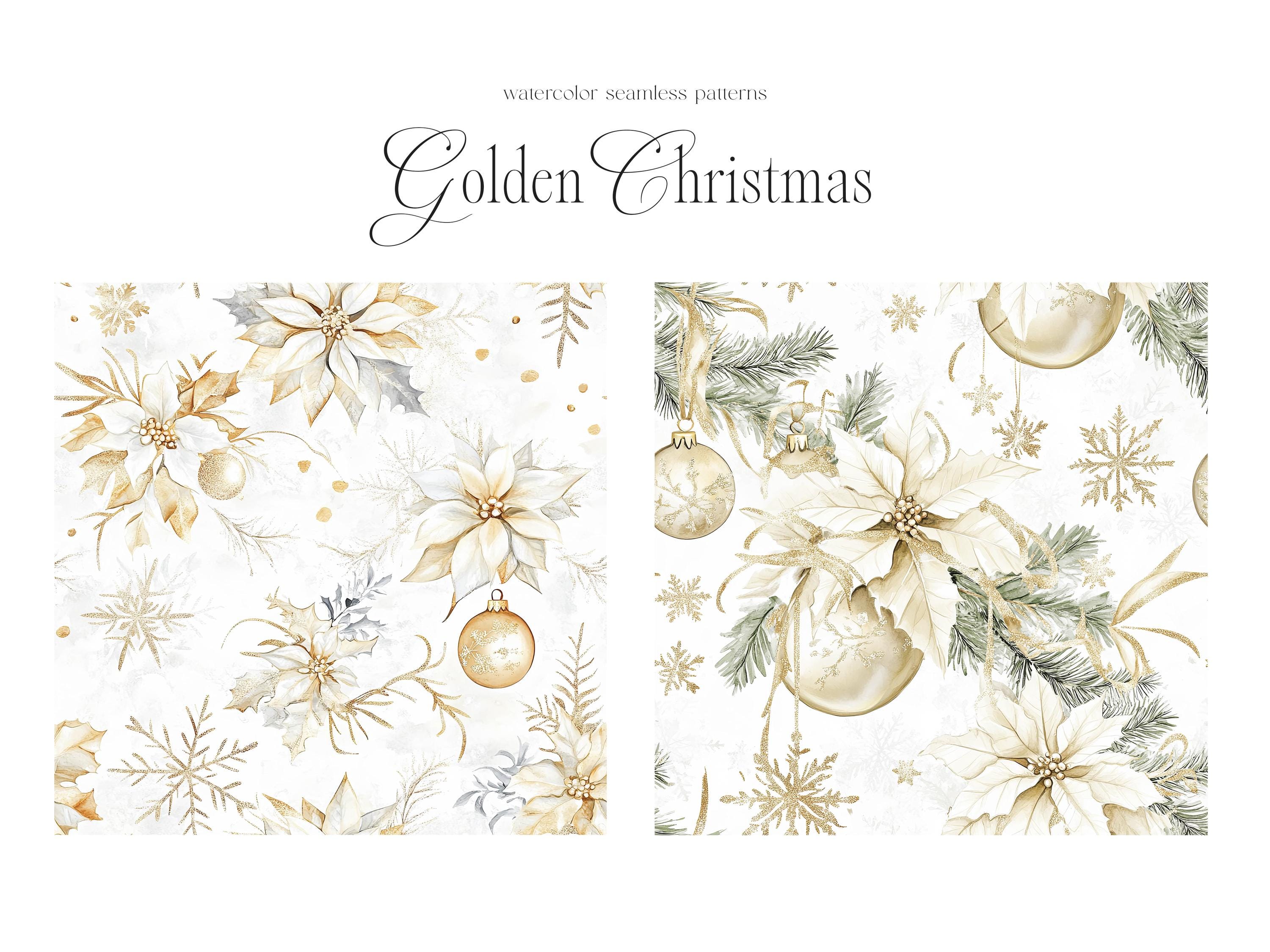 Watercolor Gold Christmas Seamless Patterns, Golden Christmas Patterns ...